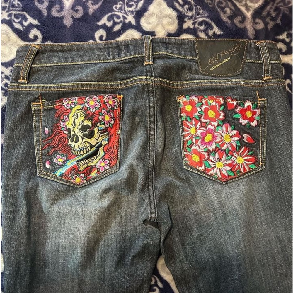 Ed hardy embroidered skull x flower pockets
